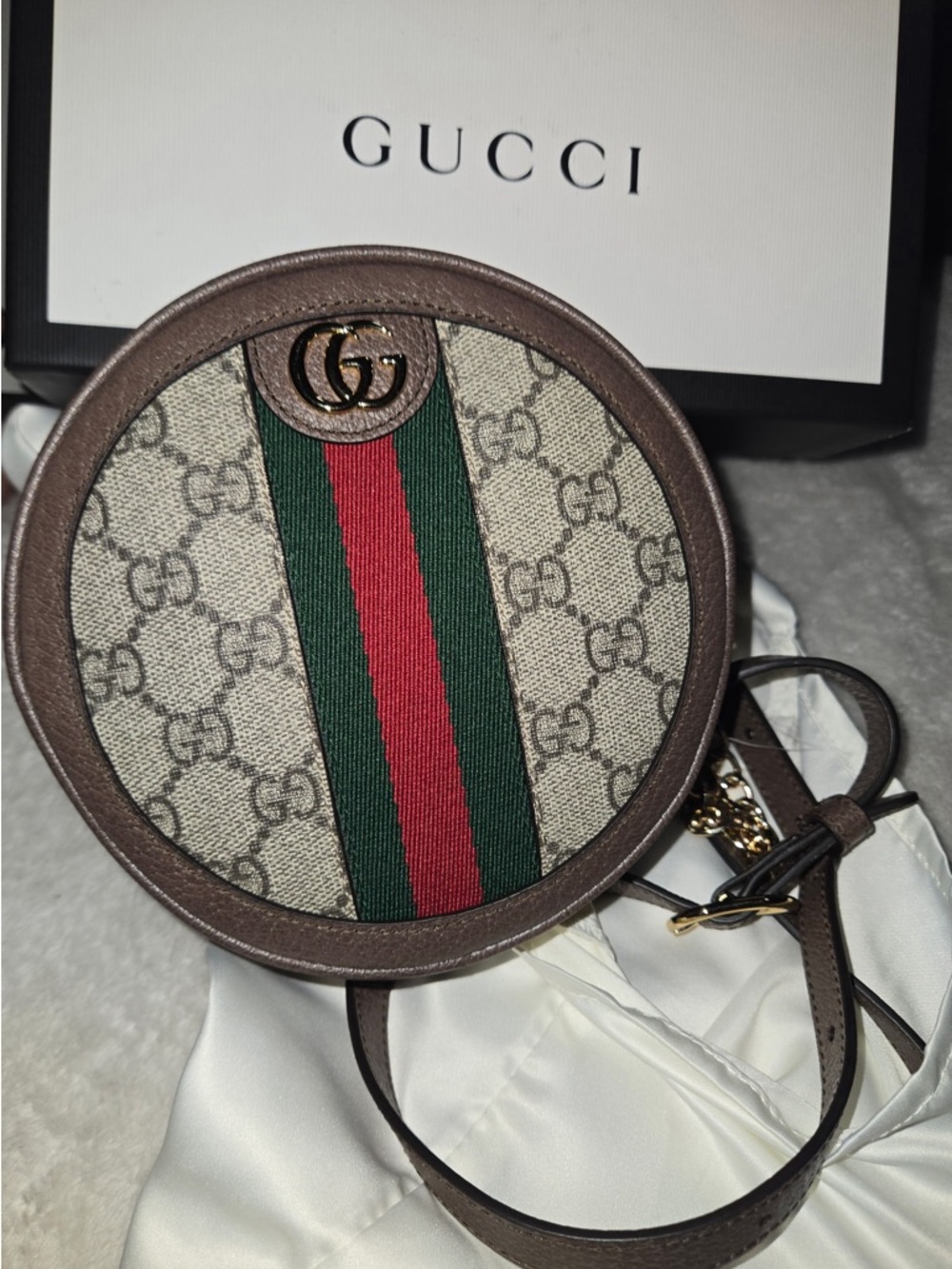 Gucci Brown Round Crossbody with Green-Red Web Stripe